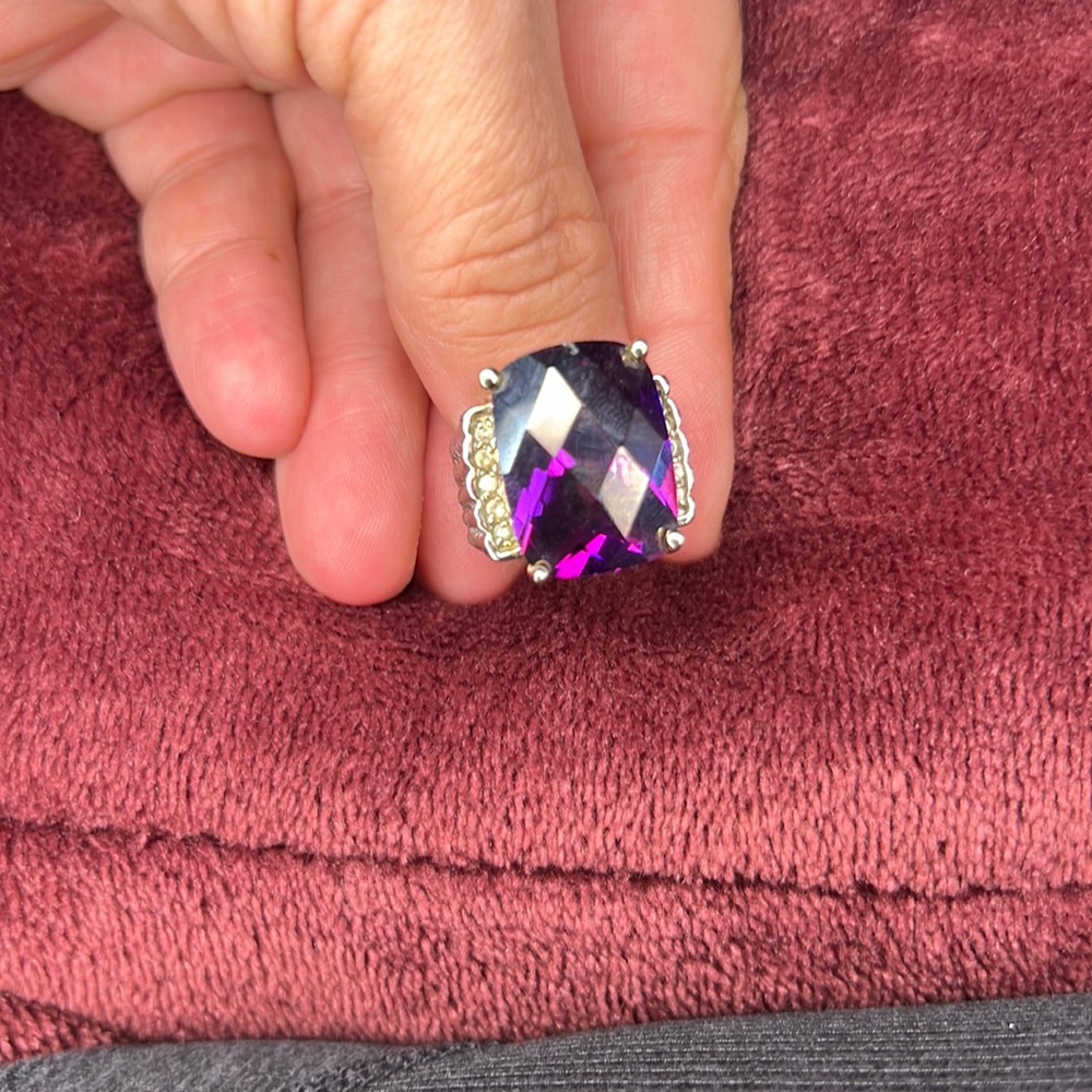 David Yurman style ring cushion cut rectangle, gold and silver accents